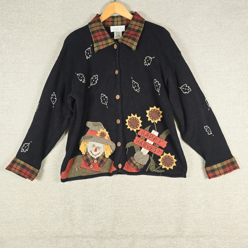 Mandal Bay Womens L Happy Harvest Scarecrow Plaid Collar Cardigan Sweater Black